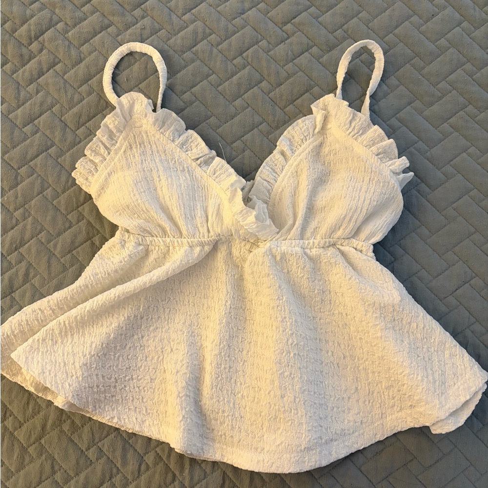 White Ruffle Trim Women's Tank Top